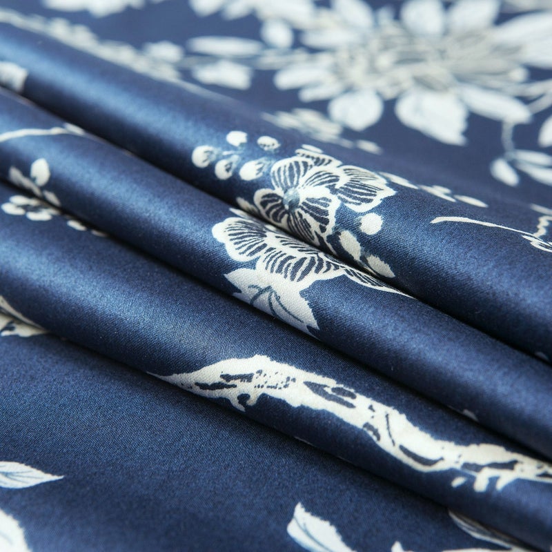 Eikei Eastern Floral Chinoiserie Blossom Print Duvet Quilt Cover Navy Blue Tan White Asian Style Botanical Tree Branches Ornamental Drawing 400TC Egyptian Cotton 3pc Bedding Set (King) - Image 2